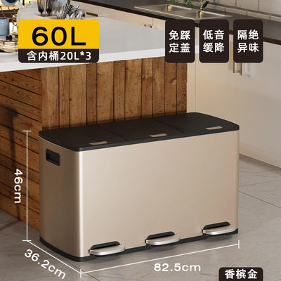 Kitchen Classification Garbage Bin 2-in-1 Household Dry Wet Separation Stainless Steel Pedal Double Bin with Lid Large Capacity