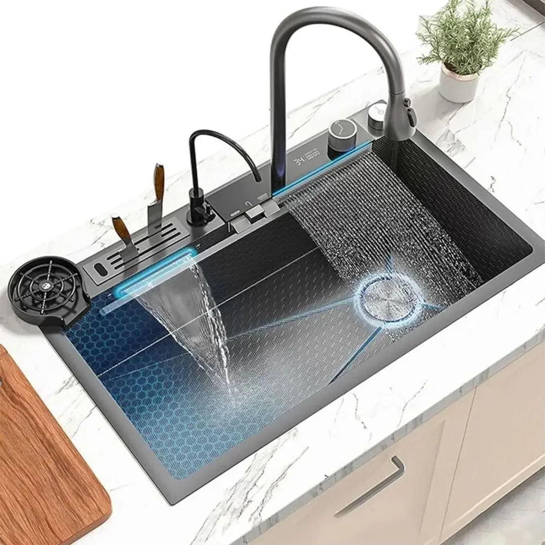 31.5" Kitchen Sink, Stainless Steel Twin Waterfall Sinks with Faucet, LED Display, Honeycomb Nano Kitchen Sink