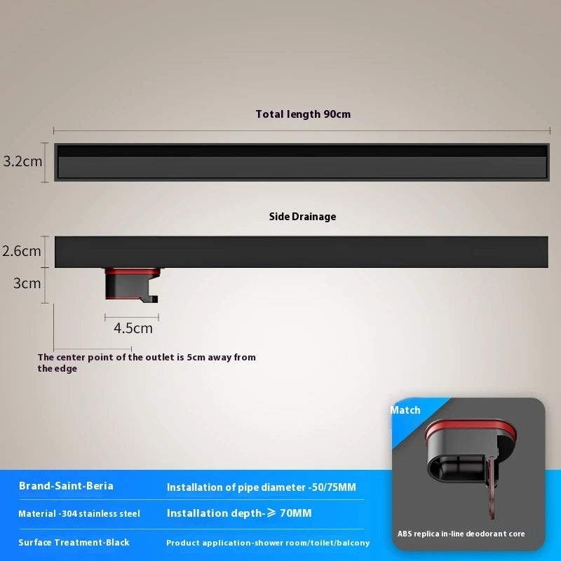 Linear Floor Drain Stainless Steel Shower Drain Black Bathroom Drainage 3.2cm Wide Narrow Shower Floor Tile Bathtub Accessories