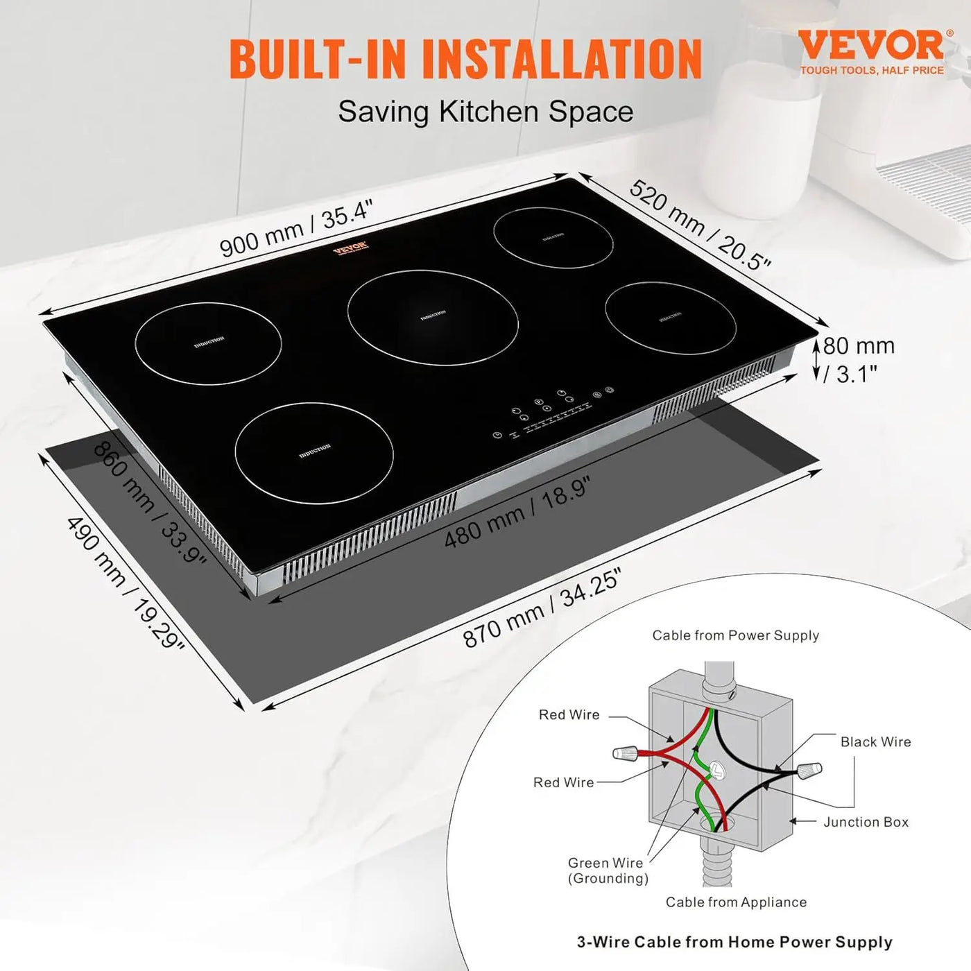 Built-in Induction Electric Stove Top 5 Burners,35 Inch Electric Cooktop,9 Power Levels & Sensor Touch Control