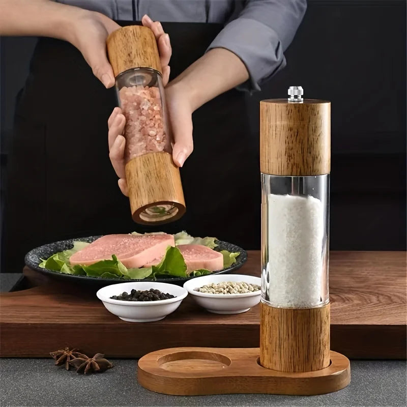 2pcs, Pepper Grinder With Adjustable Coarseness, Wood Salt Mill Grinder, Refillable Salt Mill Shaker, Manual Grinding Tools