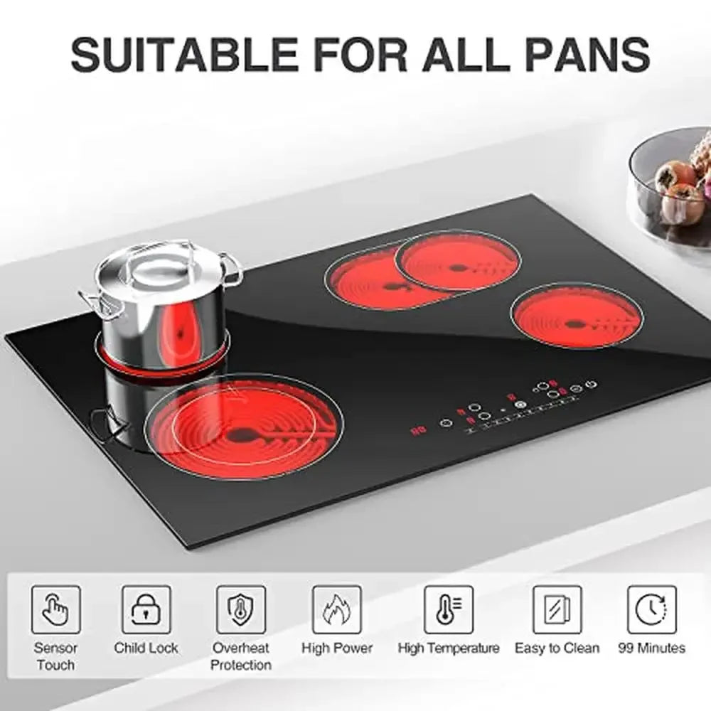 Electric Cooktop 30 Inch 7200W Stove Top 4 Burners Ceramic 9 Heating Levels Timer Kid Safe Touch Control Panel Office Party RV