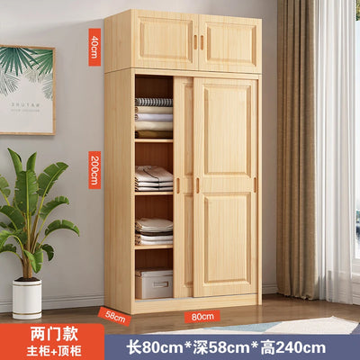 All solid wood pine sliding door wardrobe modern log children's clothes cupboard simple wardrobe home bedroom locker