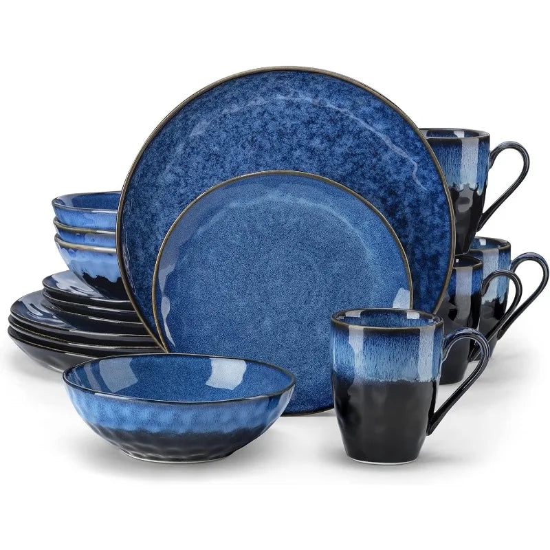 Starry 16 Pieces Green Dinnerware Set, Reactive Change Glaze Dinner Set, Plates and Bowls Set