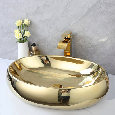 KEMAIDI Luxury 23 Inch Bathroom Vessel Sink Gold Ceramic Sinks Above Counter Oval Bathroom Sink with Gold Waterfall Faucet Mixer