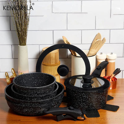 13 Piece Kitchen Black Pots and Pans Set - Safe Nonstick Kitchen Cookware with Removable Handle RV Cookware Set Oven Safe