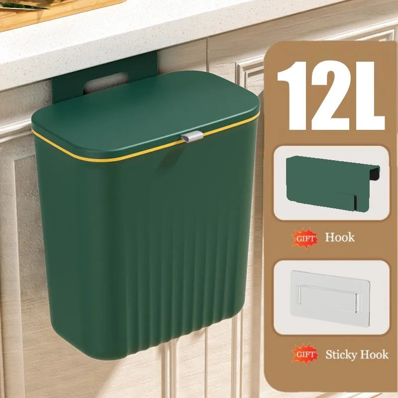 12L Kitchen Wall Mounted Trash Can for Cabinet Door Hanging Garbage Bin With Lid Recycling Garbage Basket Bathroom Toilet Bin