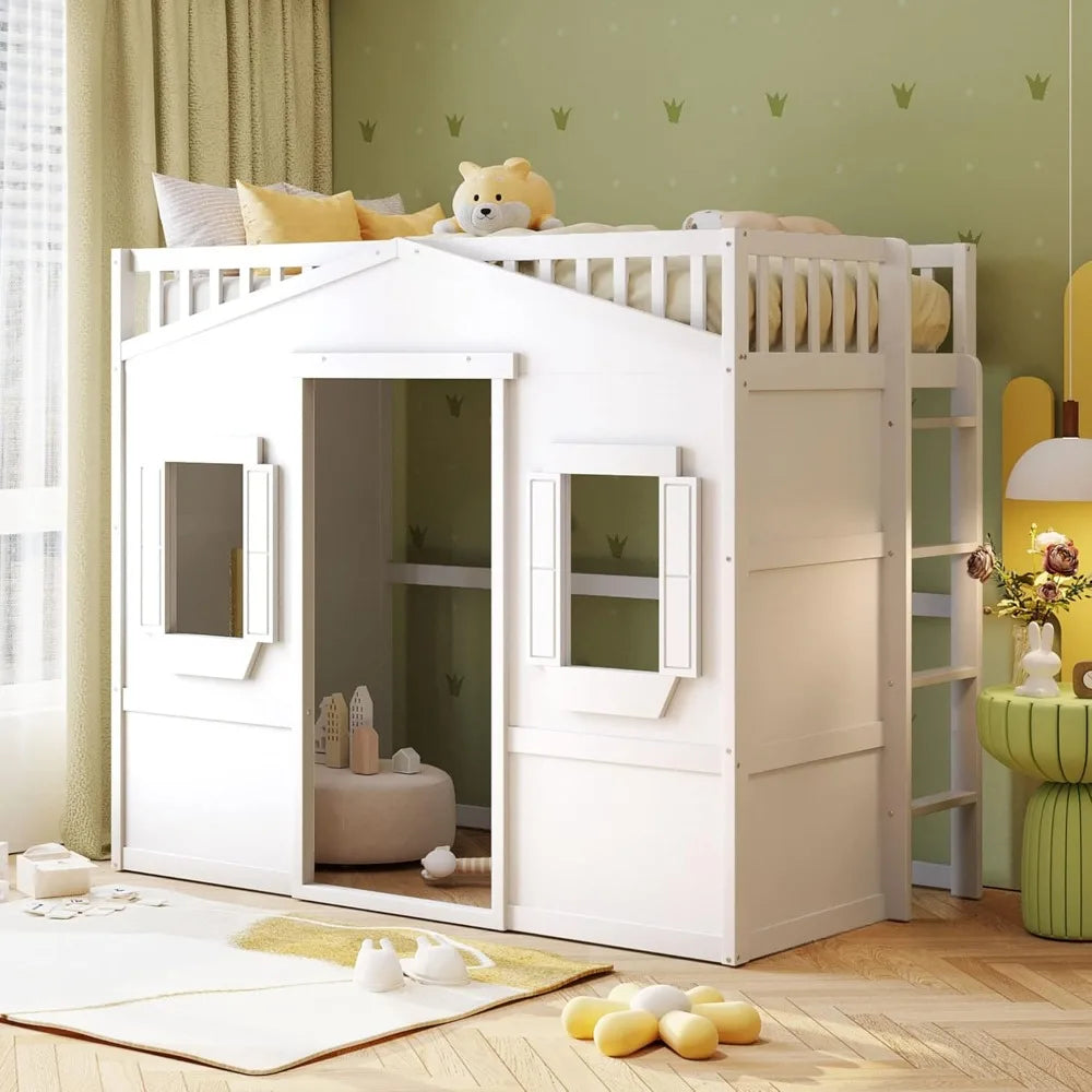 House Loft Bed Twin Kids Playhouse Bed, Solid Wood Loft Bed Frame with Window and Ladder, for Girls Boys (Twin Size, White)