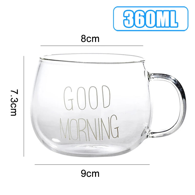 360ml Breakfast Coffee Cup Tea Mug Transparent Glass Cup Drinks Dessert Milk Cup Glass Mugs Letter Printed Handle Drinkware