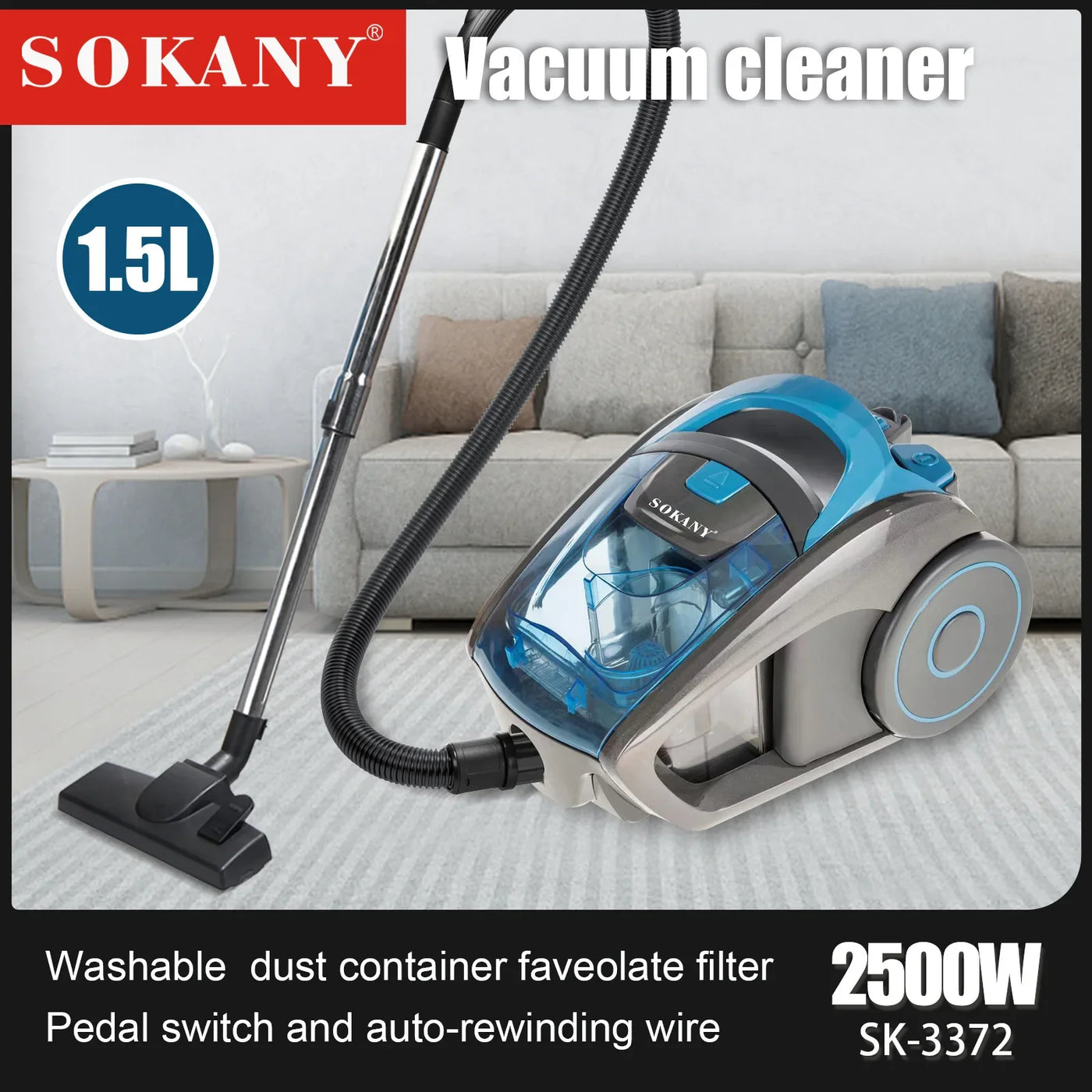 Houselin 2500W Bagless Canister Vacuum Cleaner, Lightweight Vac for Carpets and Hard Floors