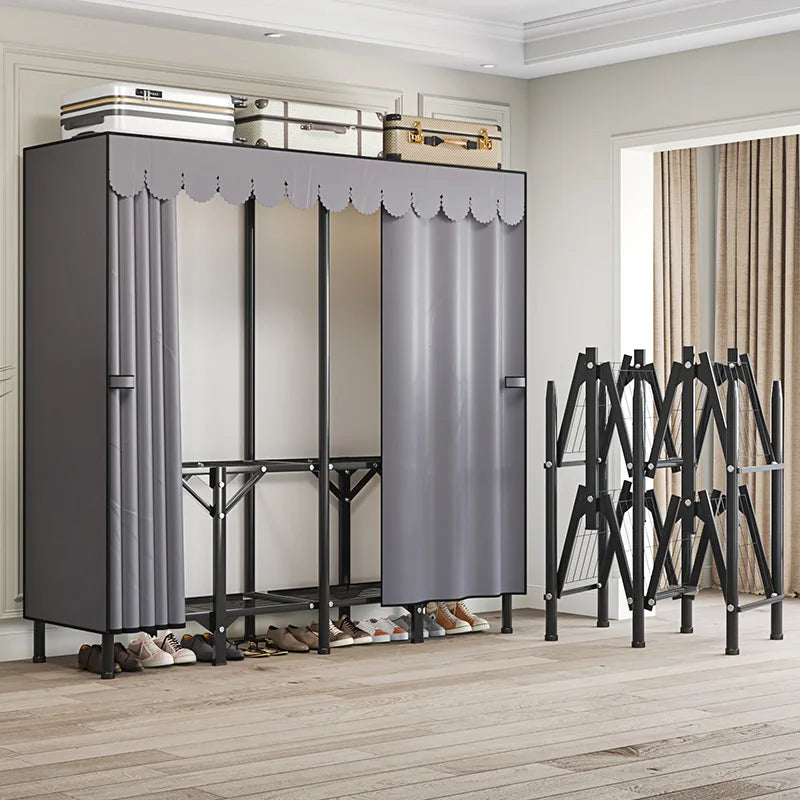 Foldable base unfolded and ready to use wardrobe; A large capacity wardrobe with a stable and durable steel pipe frame