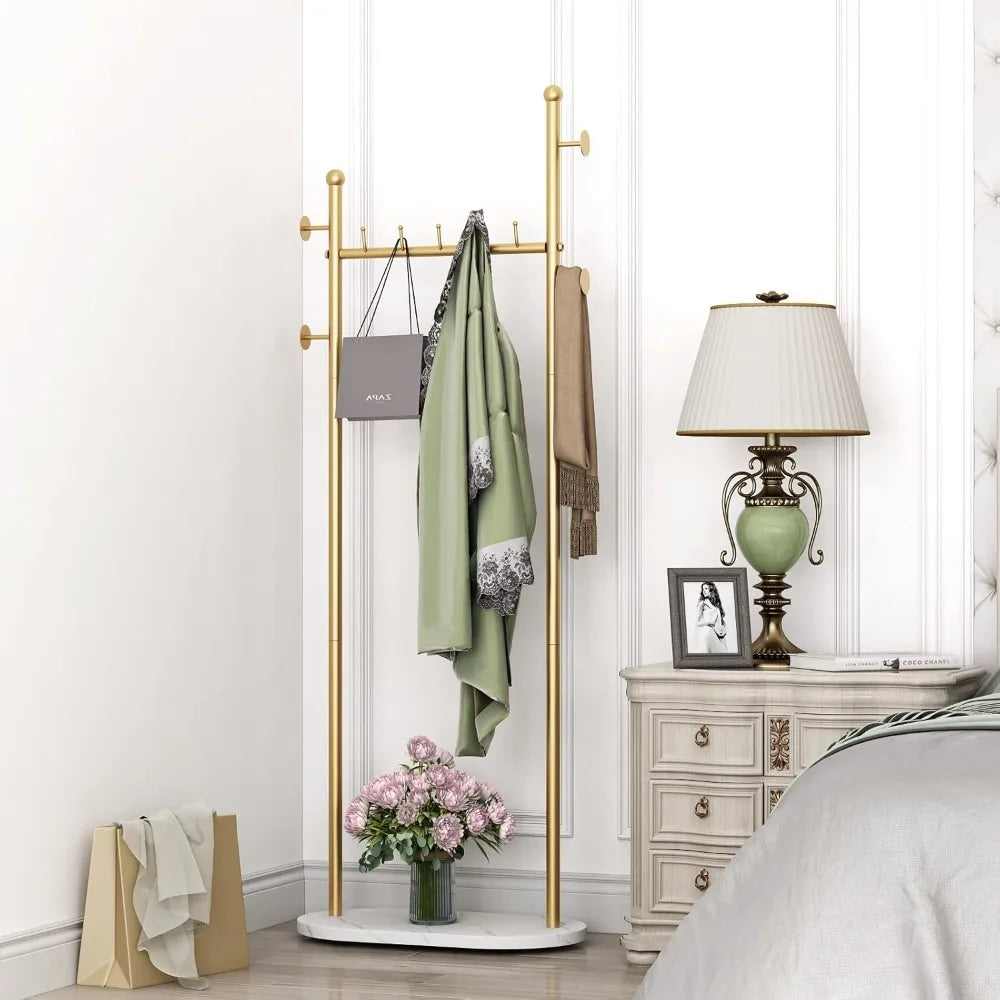 Gold Clothing Racks with Marble Base Modern Gold Coat Racks Freestanding Gold Clothes Rack with Shelves for Bedroom