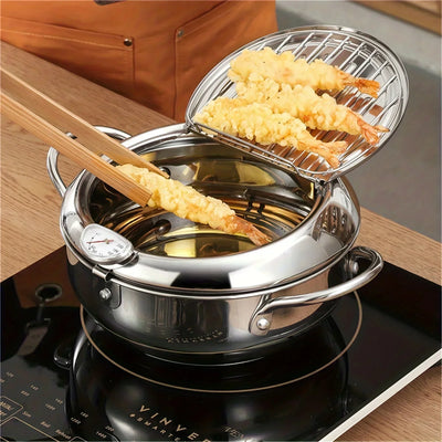 SUS304 stainless steel fryer, household Japanese tempura fryer, mini fryer with thermometer for French fries and fried chicken