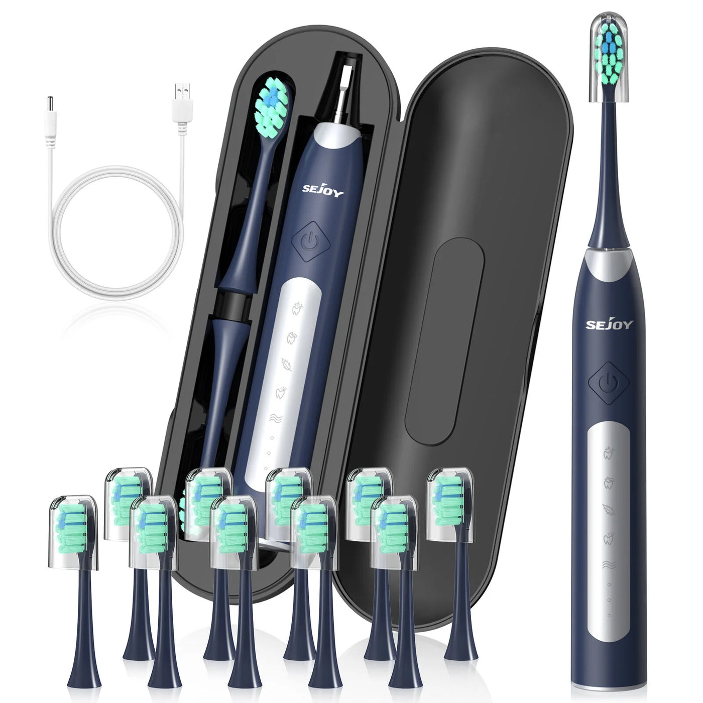 Sejoy Sonic Electric Toothbrush For Adults Tooth Cleaner with 10 Brush Heads Travel Case Built in Smart Timer Sonic Toothbrush