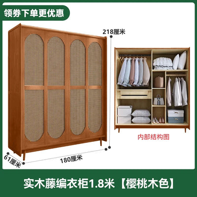 Solid Wood Wardrobe Home Bedroom Small Apartment Closet American Style French Style Retro Wardrobe Rattan Sliding Door Wardrobe