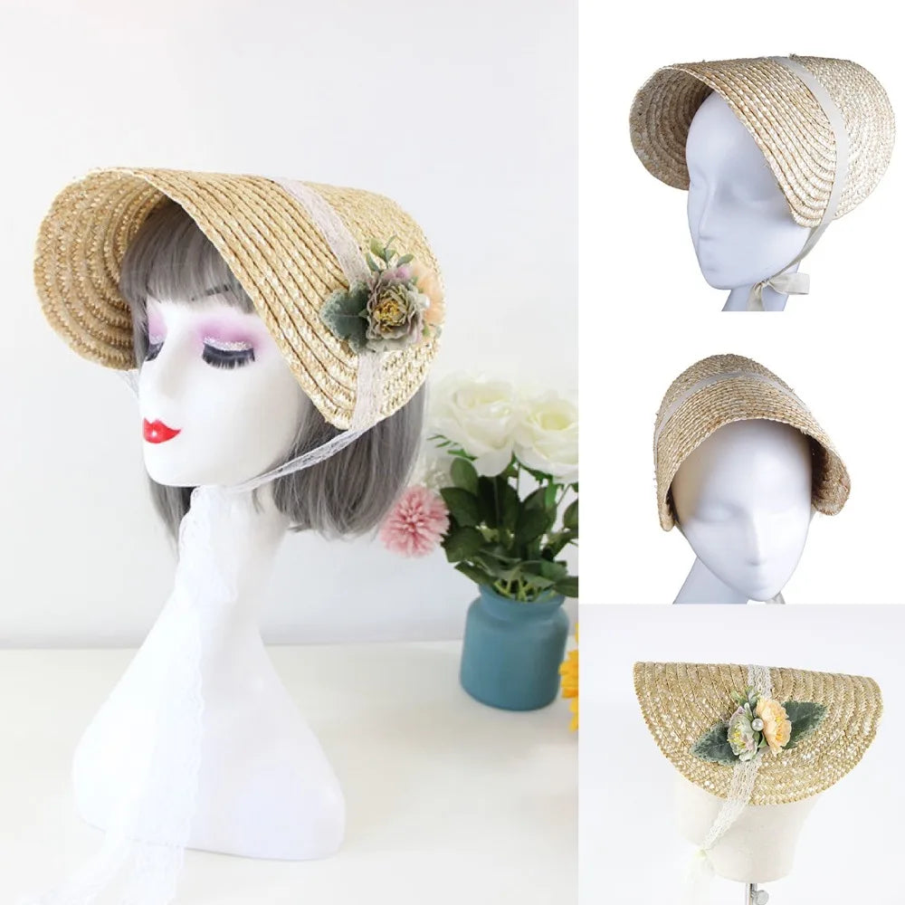 French Style Lolita Straw Hat Victorian Bonnet Handmade Beach Hat Sweet Lace-up Hair Accessories Girl Sun Hat