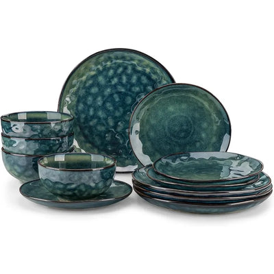 Starry 16 Pieces Green Dinnerware Set, Reactive Change Glaze Dinner Set, Plates and Bowls Set