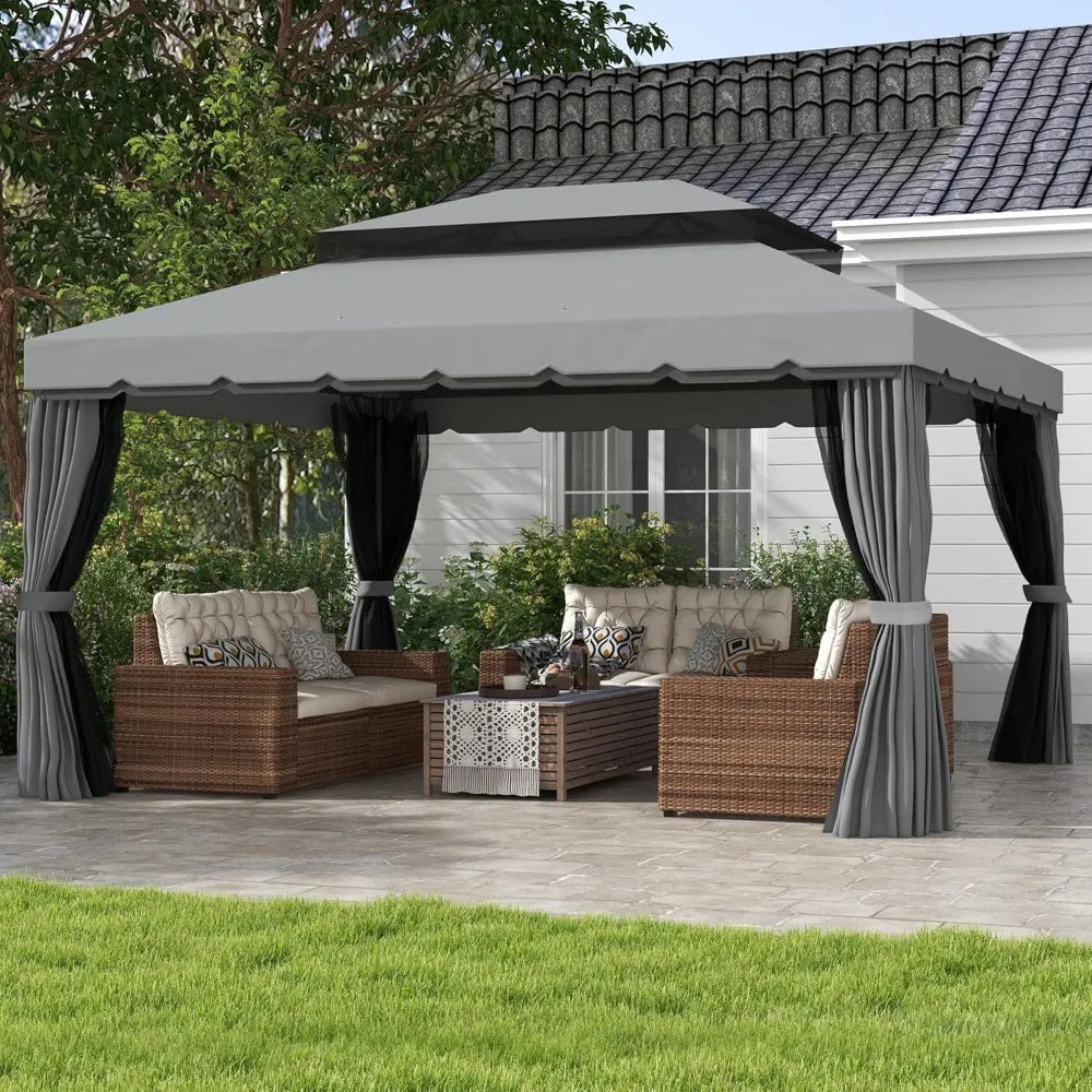 Patio Gazebo, Outdoor Gazebo Canopy Shelter with Netting and Curtains, Aluminum Frame for Garden, Lawn,