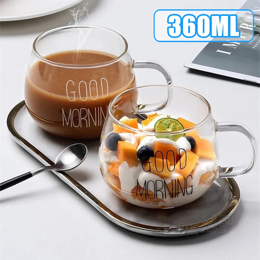 360ml Breakfast Coffee Cup Tea Mug Transparent Glass Cup Drinks Dessert Milk Cup Glass Mugs Letter Printed Handle Drinkware