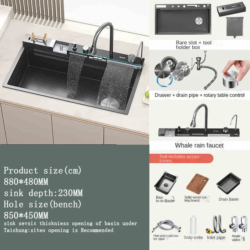 Hot selling Stainless Steel Waterfall Kitchen Sink With Knife Holder Digital Display Faucet Set Embossed Extra Large Single Slot