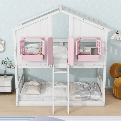 Twin Over Twin House Bunk Bed with Windows,Doors and Boxs, Wood House Roof Floor Bunk Bed Framewith Safety Guardrails and Ladder