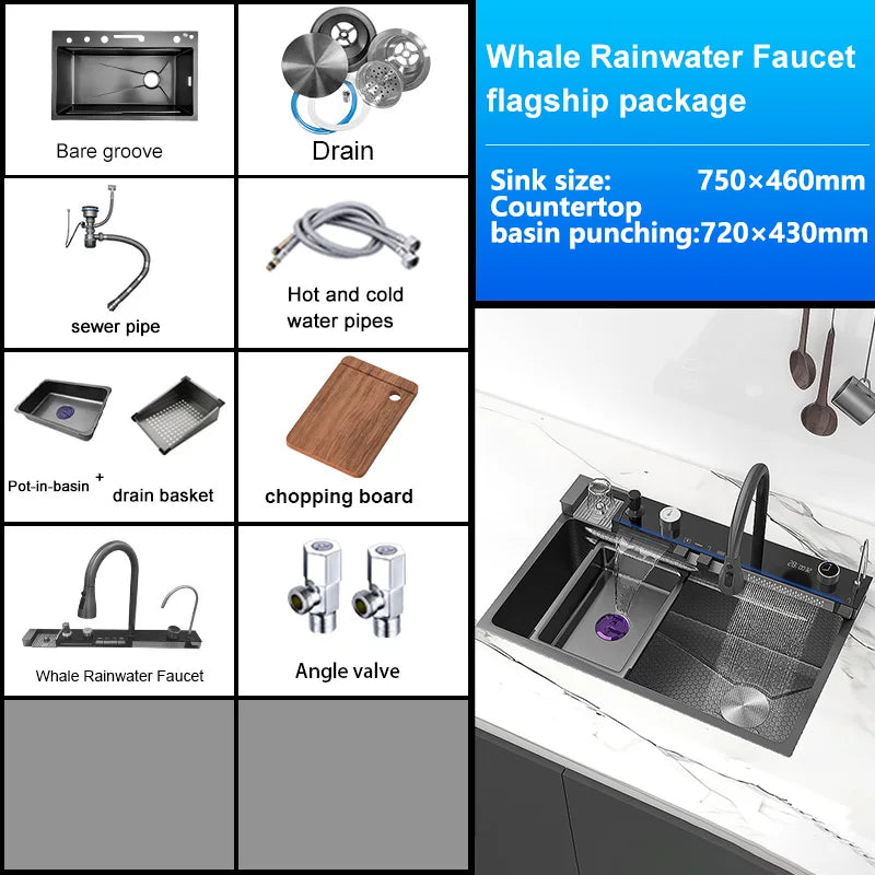 Stainless Steel Waterfall Kitchen Sink Digital Display Extra Large Single Bowl Multifunctional Household Vegetable Washing Sink