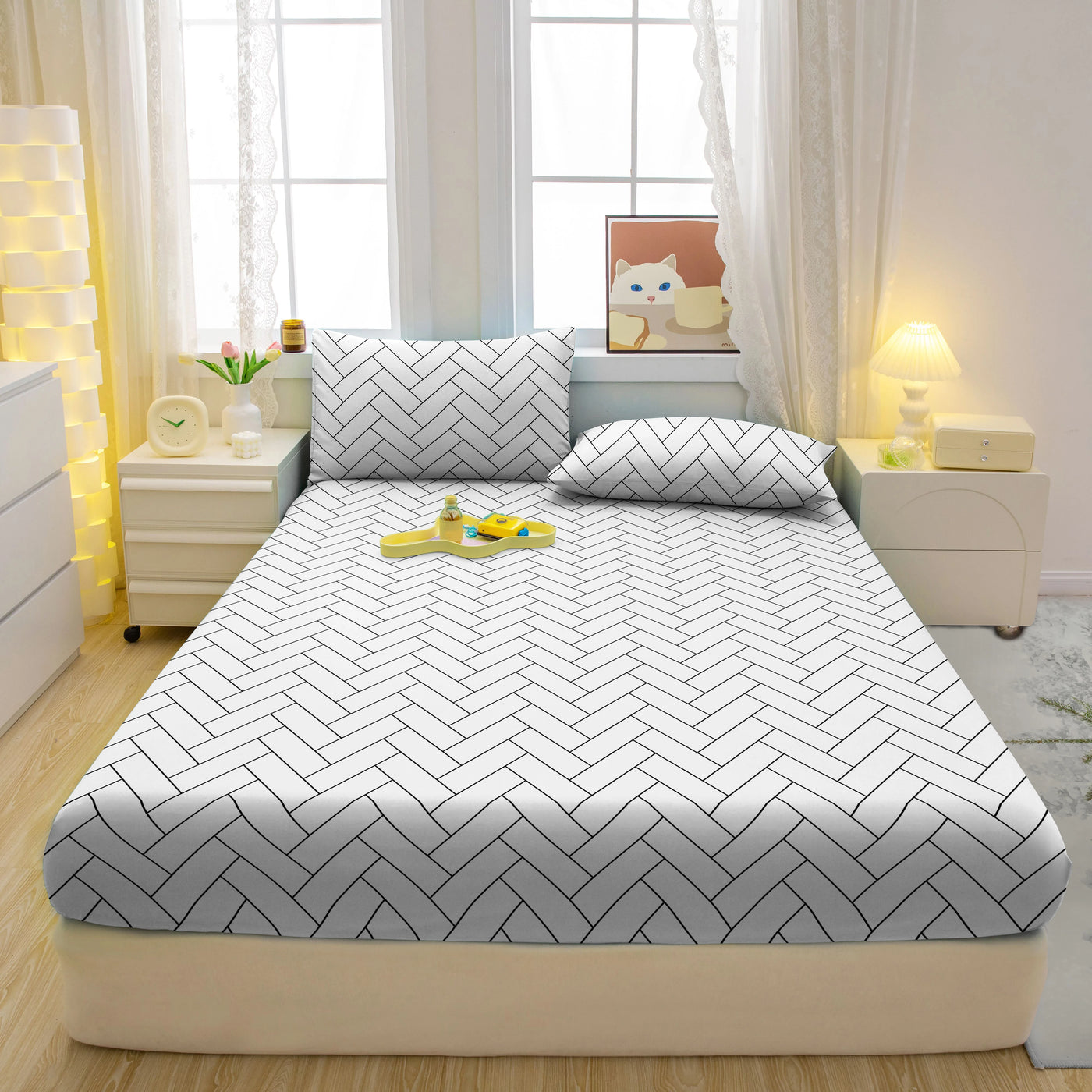 1 Simple Modern Geometry Printed Matte Fitted Sheet, Bedroom Printed Bed Cover, Bedding (Excluding Pillowcases)