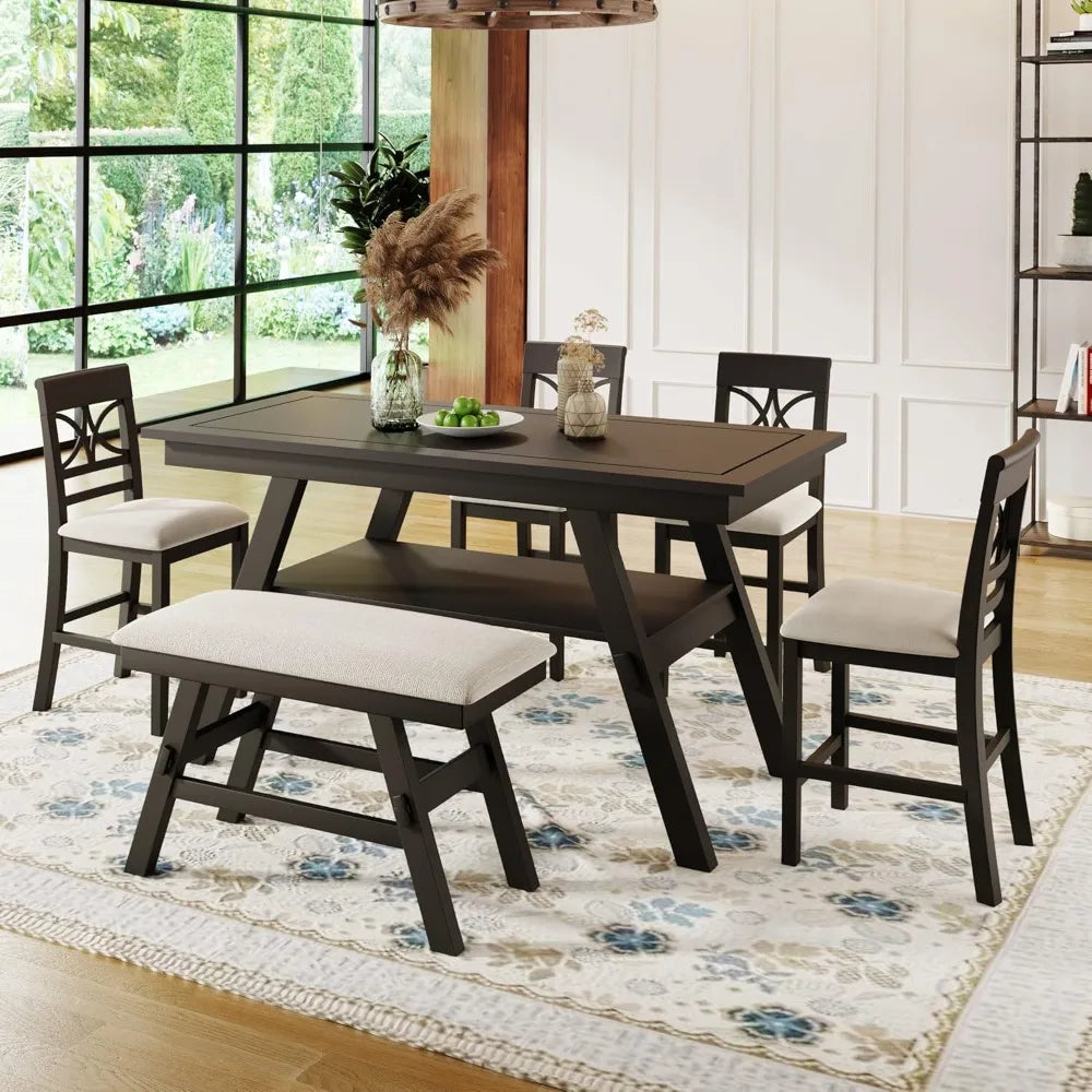 Counter Height Dining Room Table Set for 6 with Storage Farmhouse 6 Piece Kitchen Table Set with Bench, Dining Set with Shelf