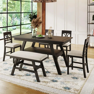 Counter Height Dining Room Table Set for 6 with Storage Farmhouse 6 Piece Kitchen Table Set with Bench, Dining Set with Shelf