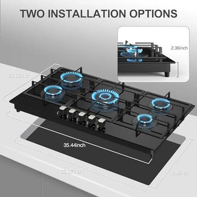 36" 5 Burner Gas Cooktop Built-in Stove Top Tempered Glass Panel NG/LPG Auto Ignition Hob Universal Nozzle Stainless Steel