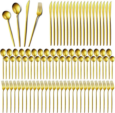 200 Pcs Gold Silverware Set with Knives Spoons and Forks Portable Stainless Steel Flatware Set Reusable Gold Utensils