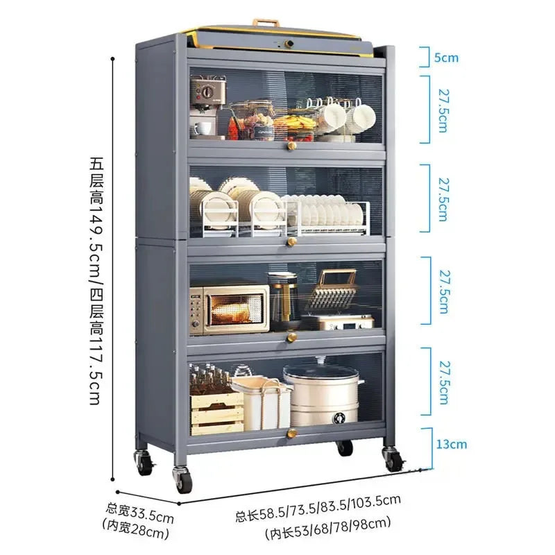 Modern Carbon Steel Kitchen Cabinets Home Storage Cabinet Multi-functional Multi-layer Microwave Oven Floor Rack with Flip Door