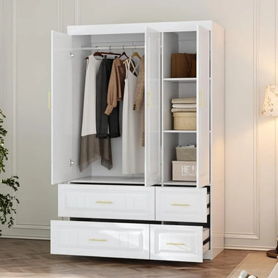 3 Door Wardrobe Armoire Closet, Bedroom Armoire with 4 Drawers & Shelves, Clothes Wardrobe with Hanging Rod & Gold Handles