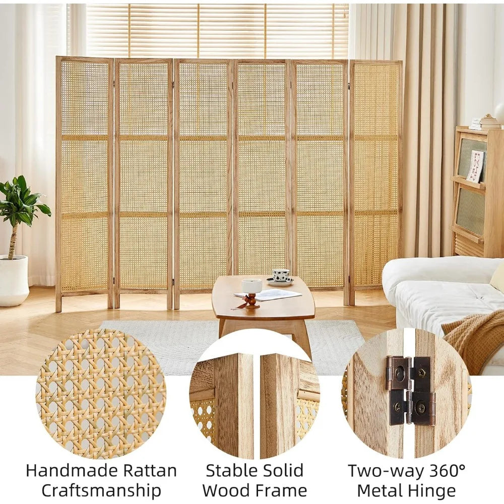 6 Panel Room Divider Wall, 5.6 Ft Tall Rattan Room Divider, Foldable Wood Room Divider, Folding Privacy Screens, Freestanding