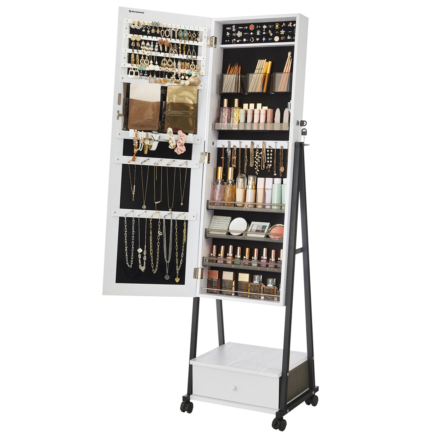 SONGMICS Jewelry Cabinet Floor Standing, Lockable Jewelry Organizer with High Full-Length Mirror, Bottom Drawer, Shelf, Wheels