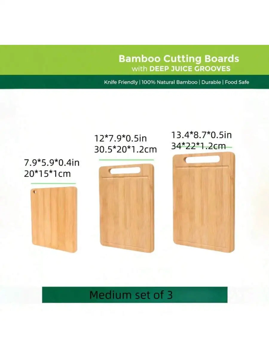 Bamboo Cutting Boards for Kitchen [Set of 3] Wood Cutting Board for Chopping Meat, Vegetables, Fruits, Cheese