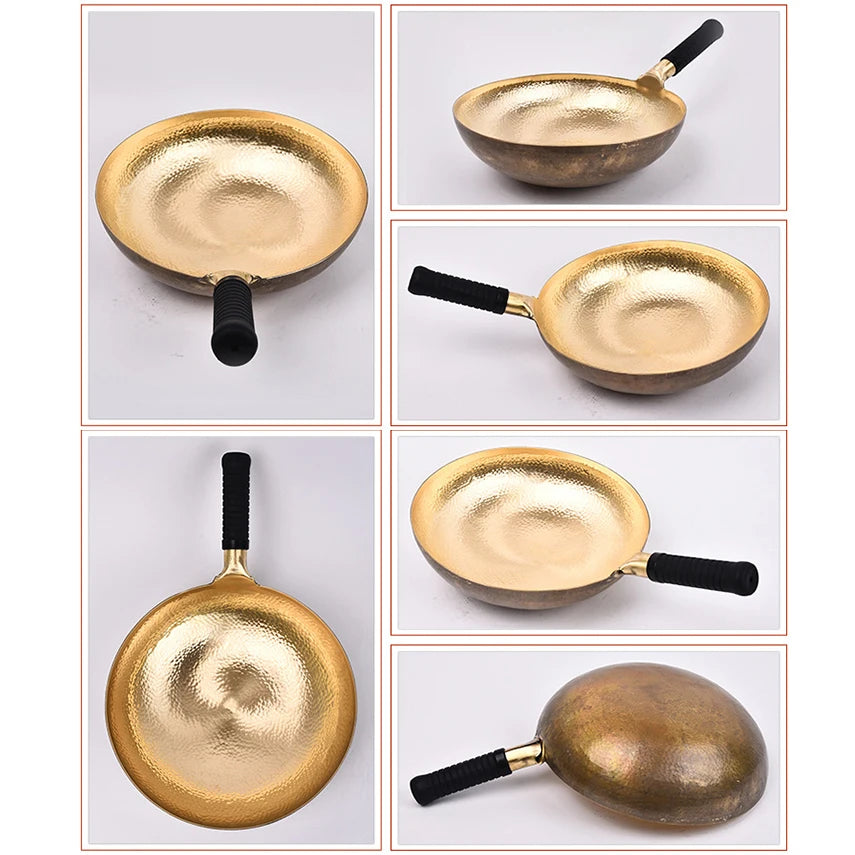 30/32/34cm Brass Wok Hand Hammered Copper Wok Uncoated Cooking Pot Seasoned Woks for Kitchen Gas Stove