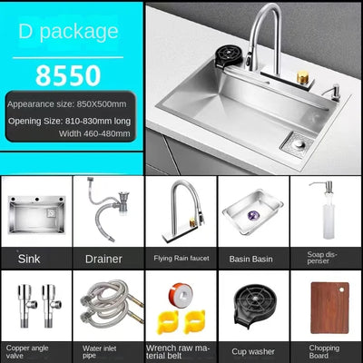 Waterfall Kitchen Sink 304 Stainless Steel Large Single Slot Above Mount Apron Front Waterfall Faucet Vegetable Basin Cup Washer