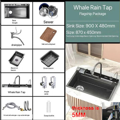 Stainless Steel Kitchen Sink with Faucet Digital Display Large Single Bowl Waterfall Rain 5 Functions System Dish Basin Sink