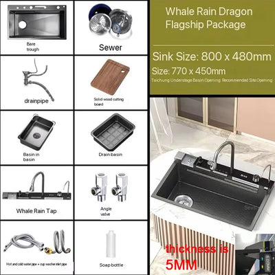 5.0MM Double Waterfall Sink Embossed Stainless Steel Kitchen Sink Large Single Slot Digital Display Wash Basin Dishwashing pond