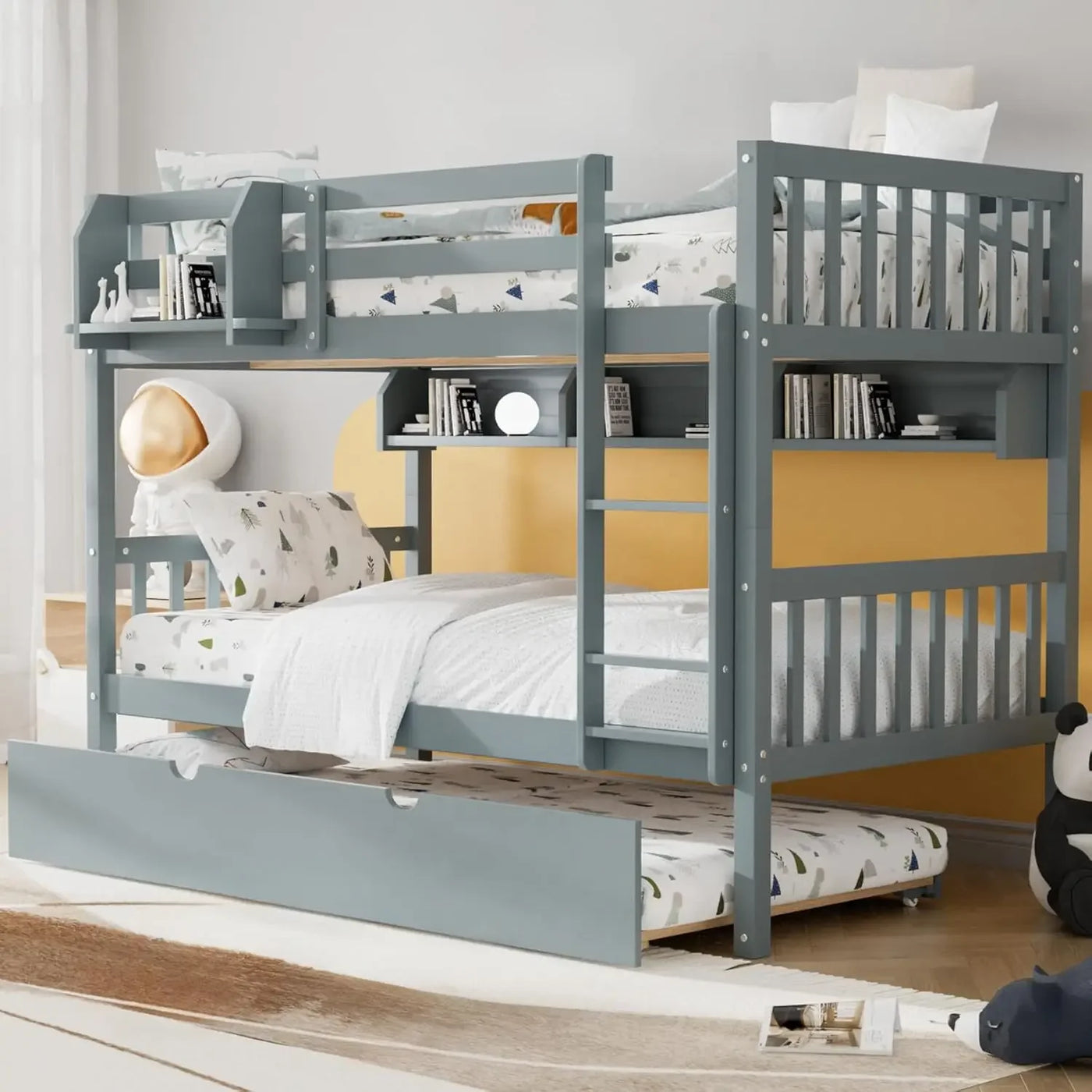 Twin Over Twin Bunk Bed with Trundle, Convertible to 2 Twin Size Platform Bed, Included Built-in Shelves, Size Bunk Bed