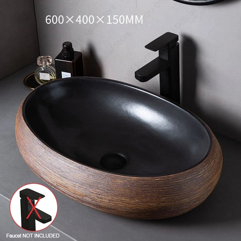 Brown Porcelain Ceramic Vessel Sink Above Counter Vanity Bowl Basin Bathroom Sanitary Balcony Table Sink Countertop Oval Basin