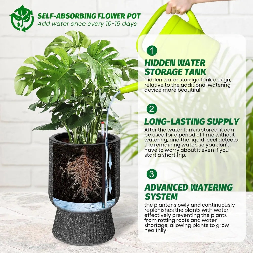 14.2" Tall Planters Set of 2, Plant Pots, Self Watering Pots for Indoor Plants, Flower Pots with Built-in Drainage and a Water