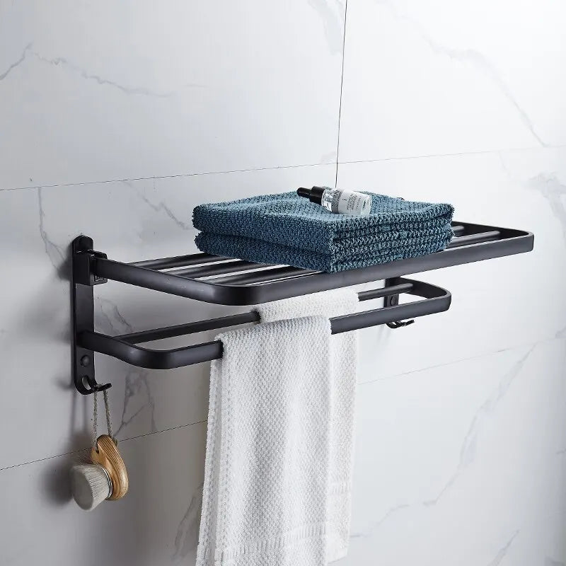 Matte Black 50CM Folding Holder With Hook Towel Holder Wall Mount AluminumTowel Rack