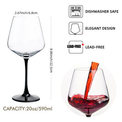 Wine Glasses with Black Stem & Base, Set of 6, 20 oz Large Clear Burgundy Wine Glasses, Dishwasher, Dishwasher Safe