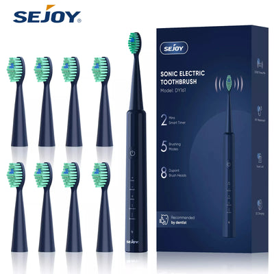 SEJOY Sonic Electric Toothbrush USB Rechargeable W/ 8 Duponts Brush Heads 5 Modes