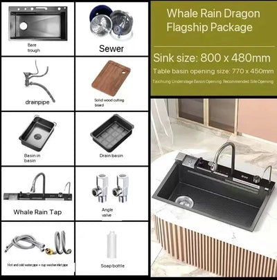 304 Stainless Steel Kitchen Waterfall Sink Digital Display Large Single Sink Dish Basin Sink with Multifunction Touch Waterfall