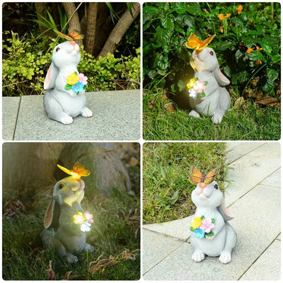 Solar Bunny Statue Garden Decor with Butterfly LED Light Resin Animal Sculpture Figurine Outdoor Decoration for Garden Courtyard