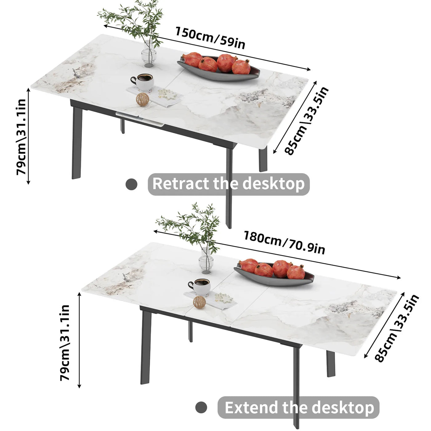 Extendable Kitchen Dining Table: 59"-70.9" Rectangular Sintered Stone Retractable Table for 6-8 Person - White Push-Pull