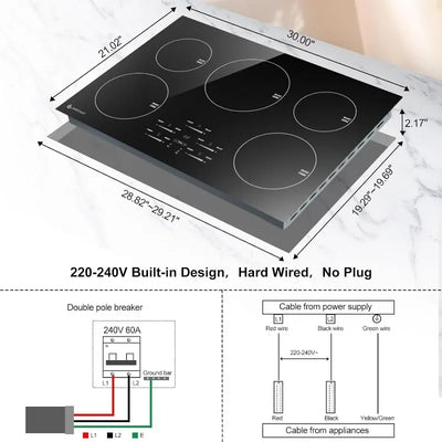 30 Inch10600W Induction Cooktop,AMZCHEF 9 Levels Electric Cooktop with 5 BOOST Burners,Bulid-in Induction Cooktop Control